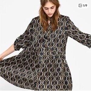 Zara Chain Print Shirt Dress Black and Gold Long Sleeve!